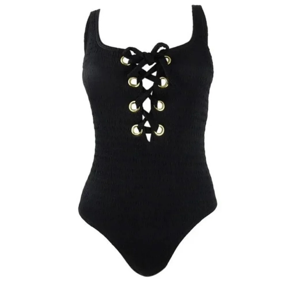 CALIFORNIA WAVES One Piece Swimsuit MEDIUM Black Lace Up Scoop Neck NWT